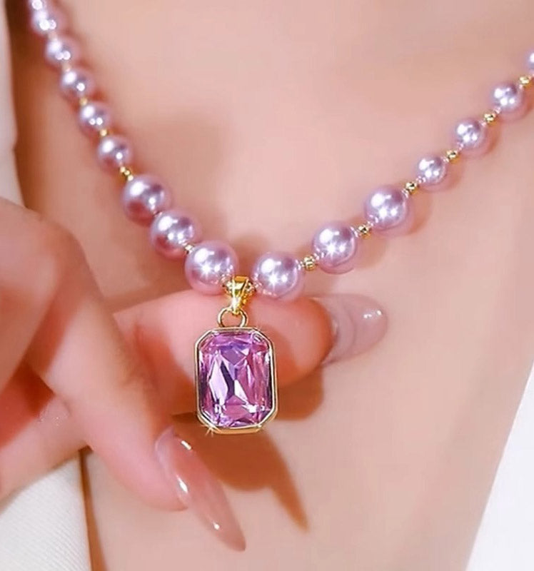 PERLES VIOLETTES & PENDENTIF ZIRCONE – PLAQUÉ OR 18K®
