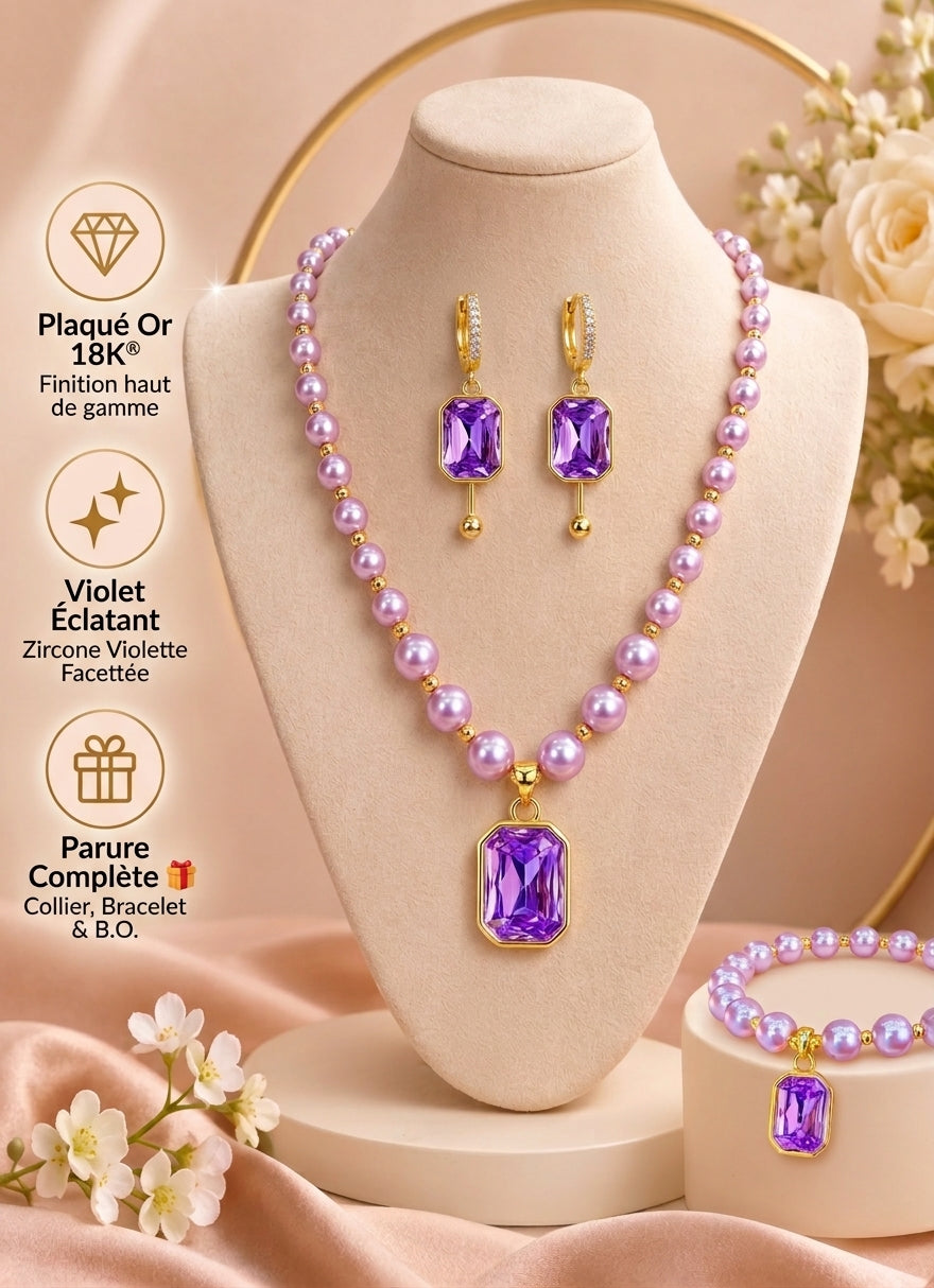 PERLES VIOLETTES & PENDENTIF ZIRCONE – PLAQUÉ OR 18K®